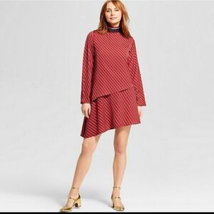 Red White striped asymmetrical long sleeve Dress